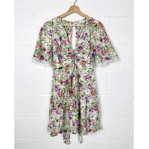 Zara Floral Print Mini Dress‎ Medium Cottagecore Cutout Tie Back Short Sleeve